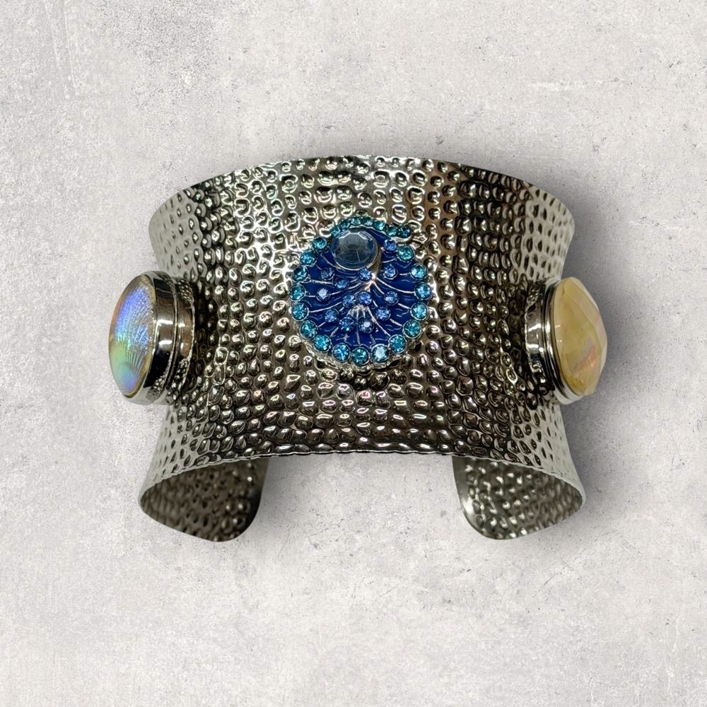 Interchangeable Snap Button Hammered Silver Tone Cuff Bracelet Tree of Life Blue